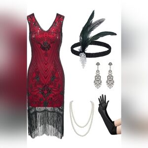 Red and Black Beaded Fringe Flapper Dress with Accessories